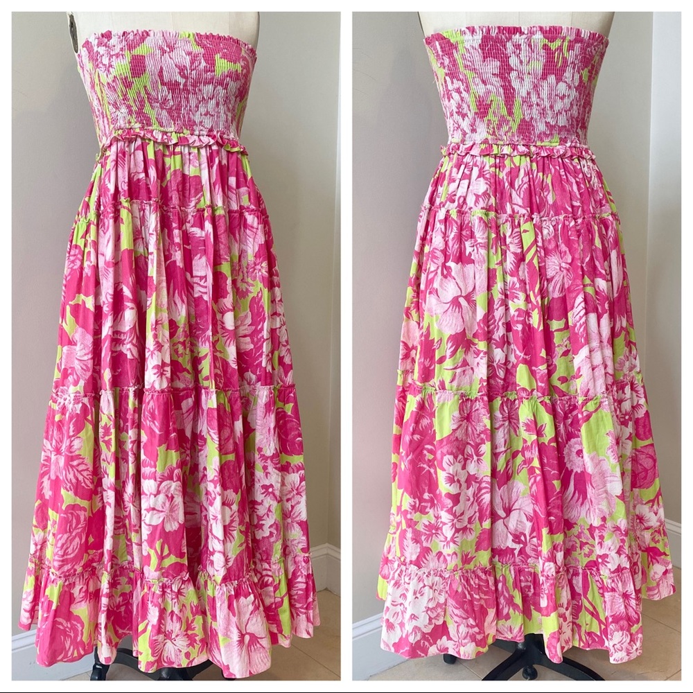 Rococo Sand Strapless Pink Floral Cotton Dress Small